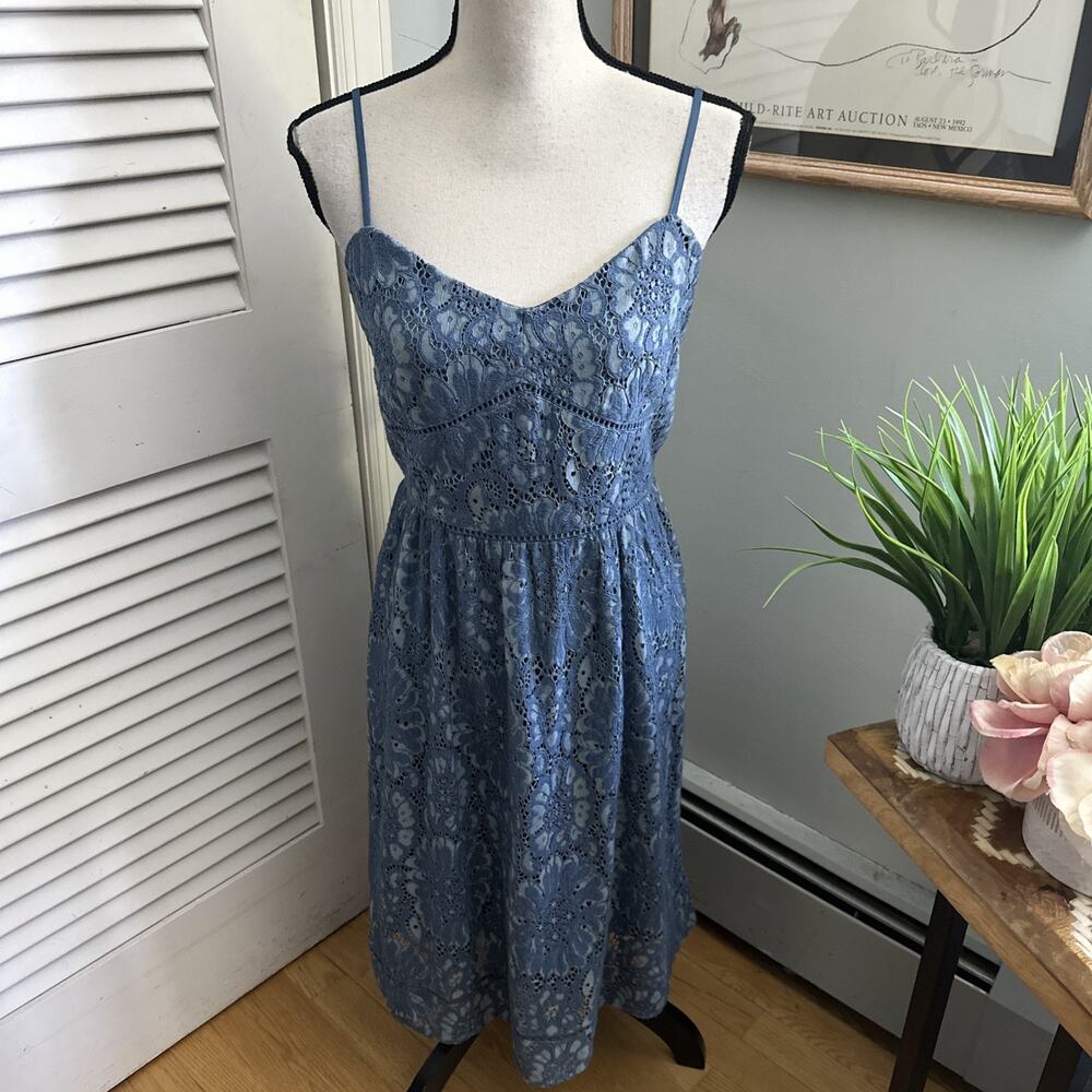 Ann Taylor Loft Dress 12P Blue Strappy Lace Midi Retro 90s Minimalist Euro Chic